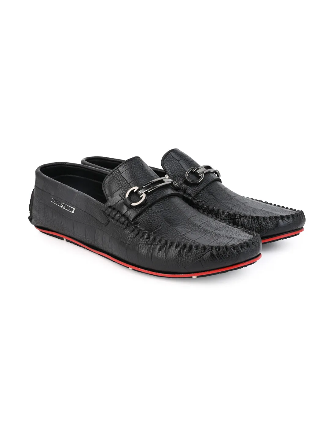 Alberto Torresi Black Round Toe Loafers With Metal Accent