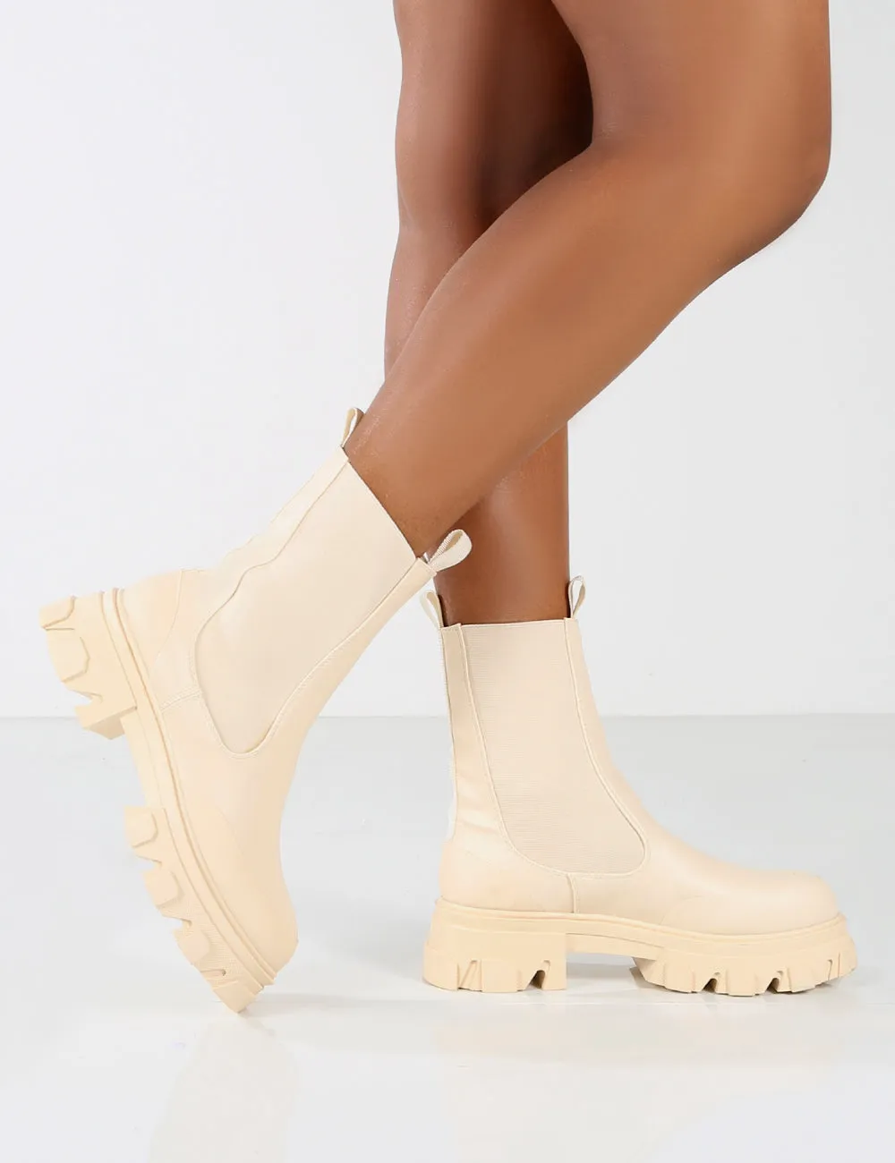 Amber x Public Desire Wonder Cream PU Pocket Chunky Sole Ankle Boot