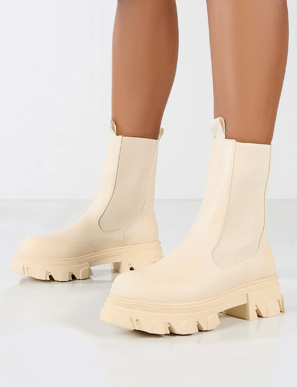 Amber x Public Desire Wonder Cream PU Pocket Chunky Sole Ankle Boot