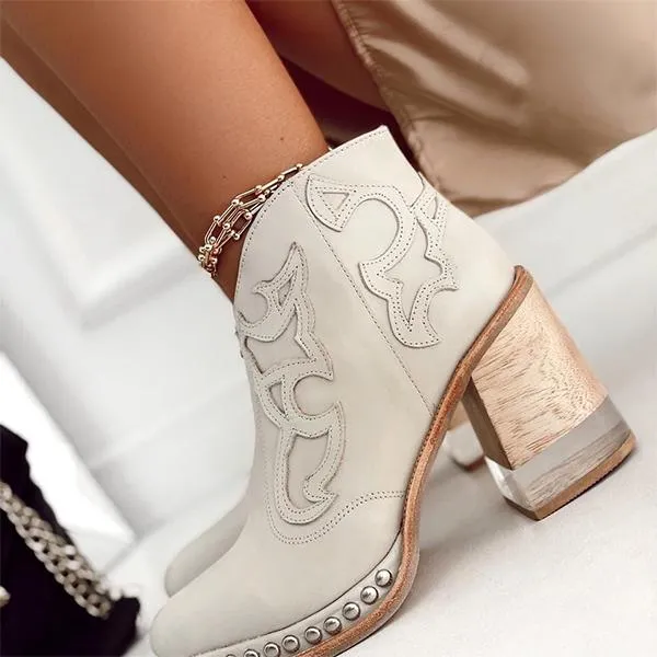 Amozae- Leather Women Ankle Boots Women's Shoes Low Heel Cool British Embroidered Design Soft Short Boots Party Women Footwear