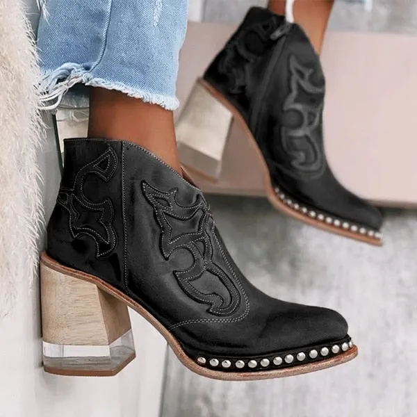 Amozae- Leather Women Ankle Boots Women's Shoes Low Heel Cool British Embroidered Design Soft Short Boots Party Women Footwear