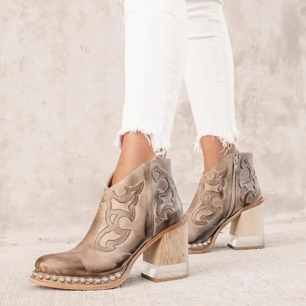 Amozae- Leather Women Ankle Boots Women's Shoes Low Heel Cool British Embroidered Design Soft Short Boots Party Women Footwear