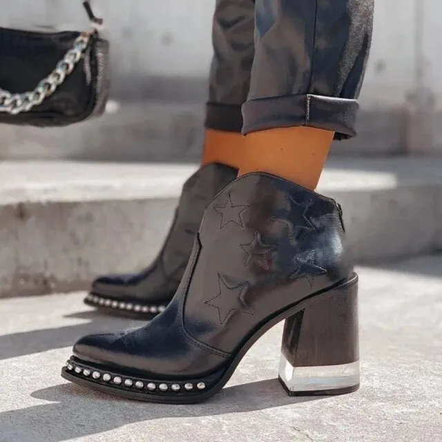 Amozae- Leather Women Ankle Boots Women's Shoes Low Heel Cool British Embroidered Design Soft Short Boots Party Women Footwear