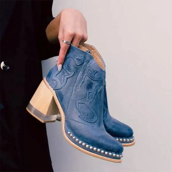 Amozae- Leather Women Ankle Boots Women's Shoes Low Heel Cool British Embroidered Design Soft Short Boots Party Women Footwear