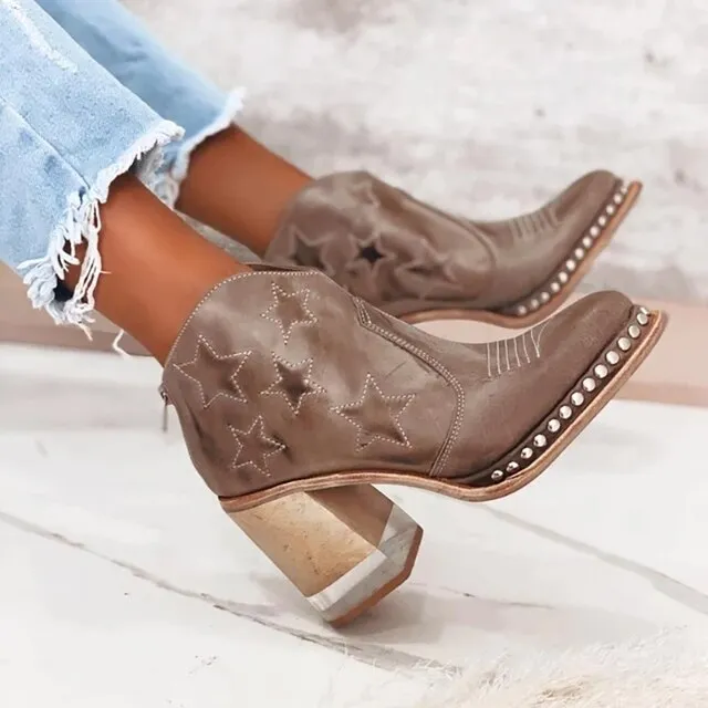 Amozae- Leather Women Ankle Boots Women's Shoes Low Heel Cool British Embroidered Design Soft Short Boots Party Women Footwear