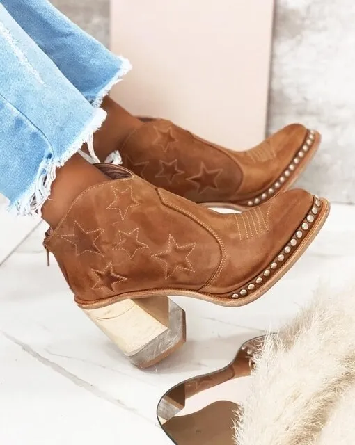 Amozae- Leather Women Ankle Boots Women's Shoes Low Heel Cool British Embroidered Design Soft Short Boots Party Women Footwear