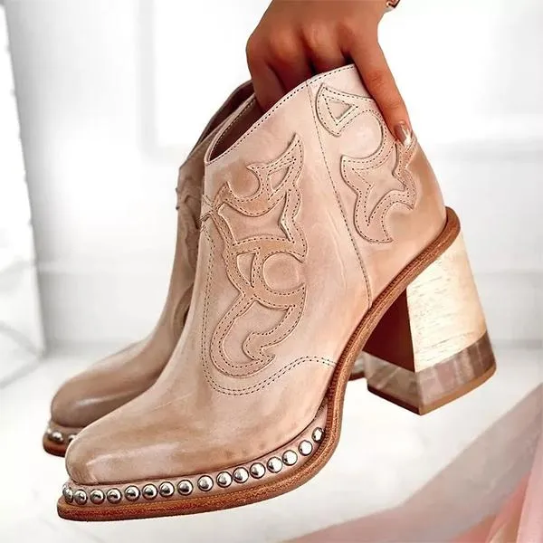 Amozae- Leather Women Ankle Boots Women's Shoes Low Heel Cool British Embroidered Design Soft Short Boots Party Women Footwear