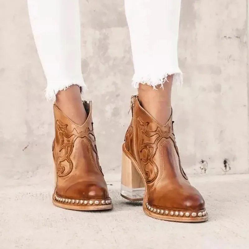 Amozae- Leather Women Ankle Boots Women's Shoes Low Heel Cool British Embroidered Design Soft Short Boots Party Women Footwear