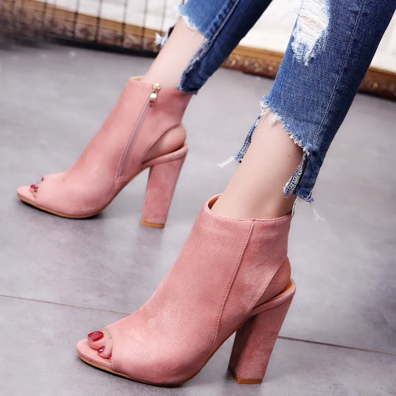 Ankle Strap Suede Chunky Heel Peep-toe Short Boots Sandals