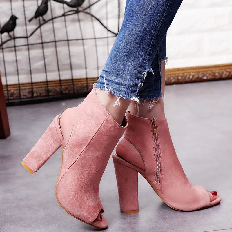 Ankle Strap Suede Chunky Heel Peep-toe Short Boots Sandals