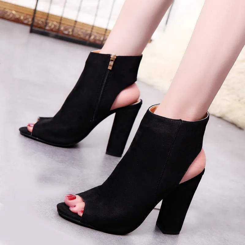 Ankle Strap Suede Chunky Heel Peep-toe Short Boots Sandals