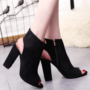 Ankle Strap Suede Chunky Heel Peep-toe Short Boots Sandals