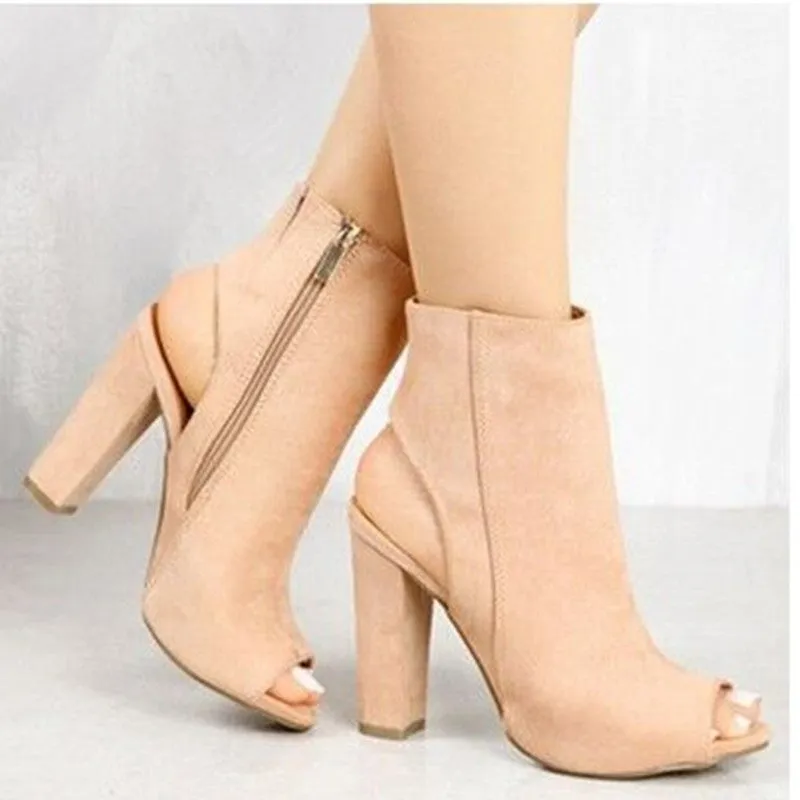Ankle Strap Suede Chunky Heel Peep-toe Short Boots Sandals