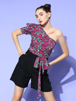 Berrylush Women Purple & Green Floral Printed One-Shoulder Neck Waist Tie-Up Crepe Regular Top