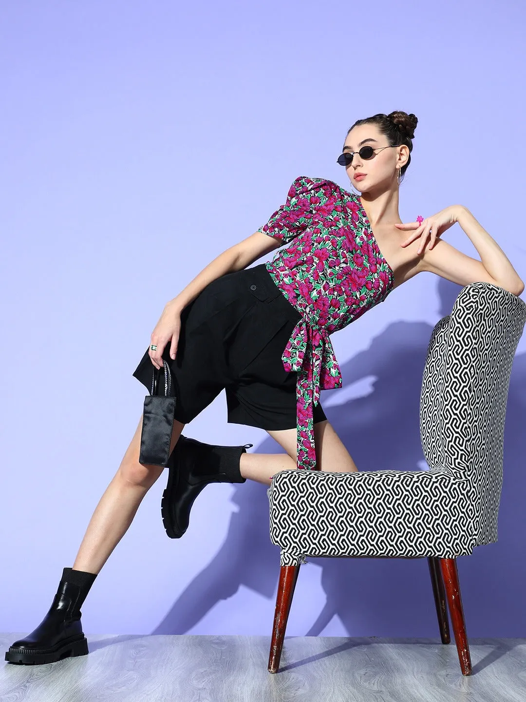 Berrylush Women Purple & Green Floral Printed One-Shoulder Neck Waist Tie-Up Crepe Regular Top
