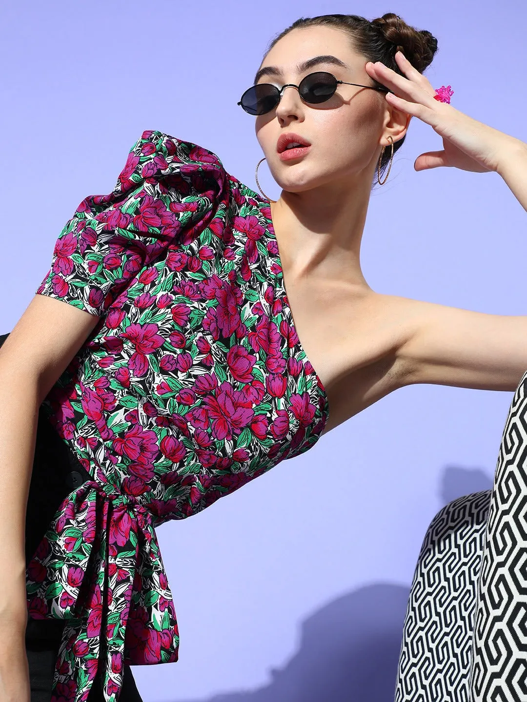 Berrylush Women Purple & Green Floral Printed One-Shoulder Neck Waist Tie-Up Crepe Regular Top