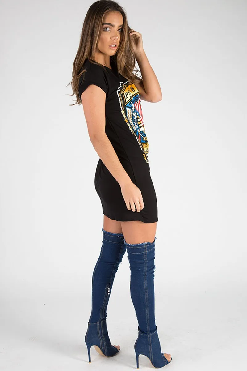 Black Born To Fly Slogan T-Shirt Dress - Isabella