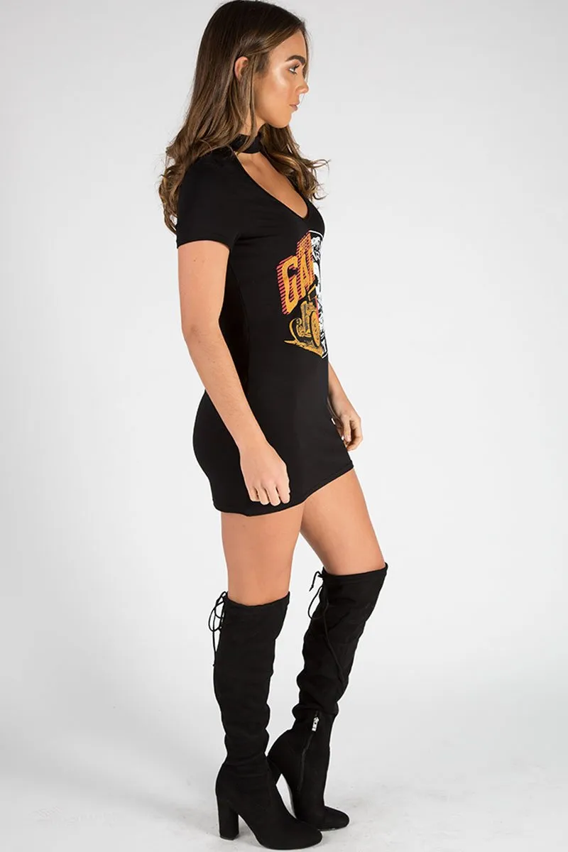Black Choker Neck Cut Out Slogan T-Shirt Dress - Sophie