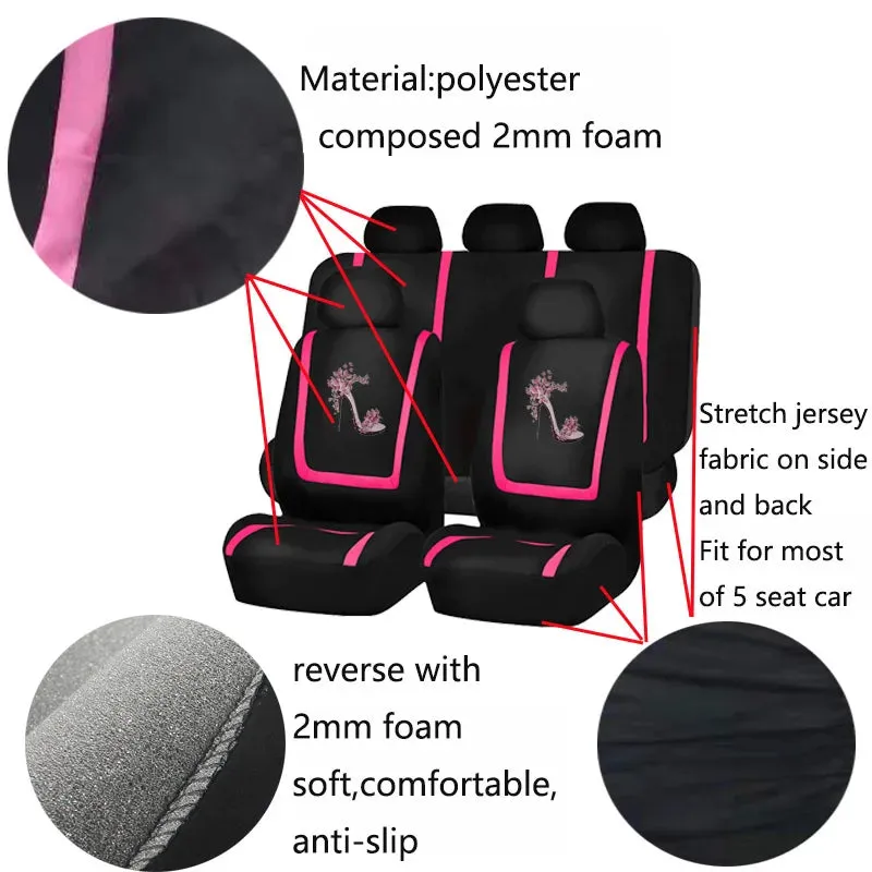 Carnong Car Seat Covers Full Set Universal Comfortable Soft Full Women Cute Dancing Shoes Paint Pink Auto Interior Accessories