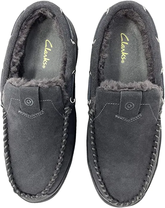Clarks Venetian Grey Suede Suede Moccasin Slippers Furry Lined Loafers