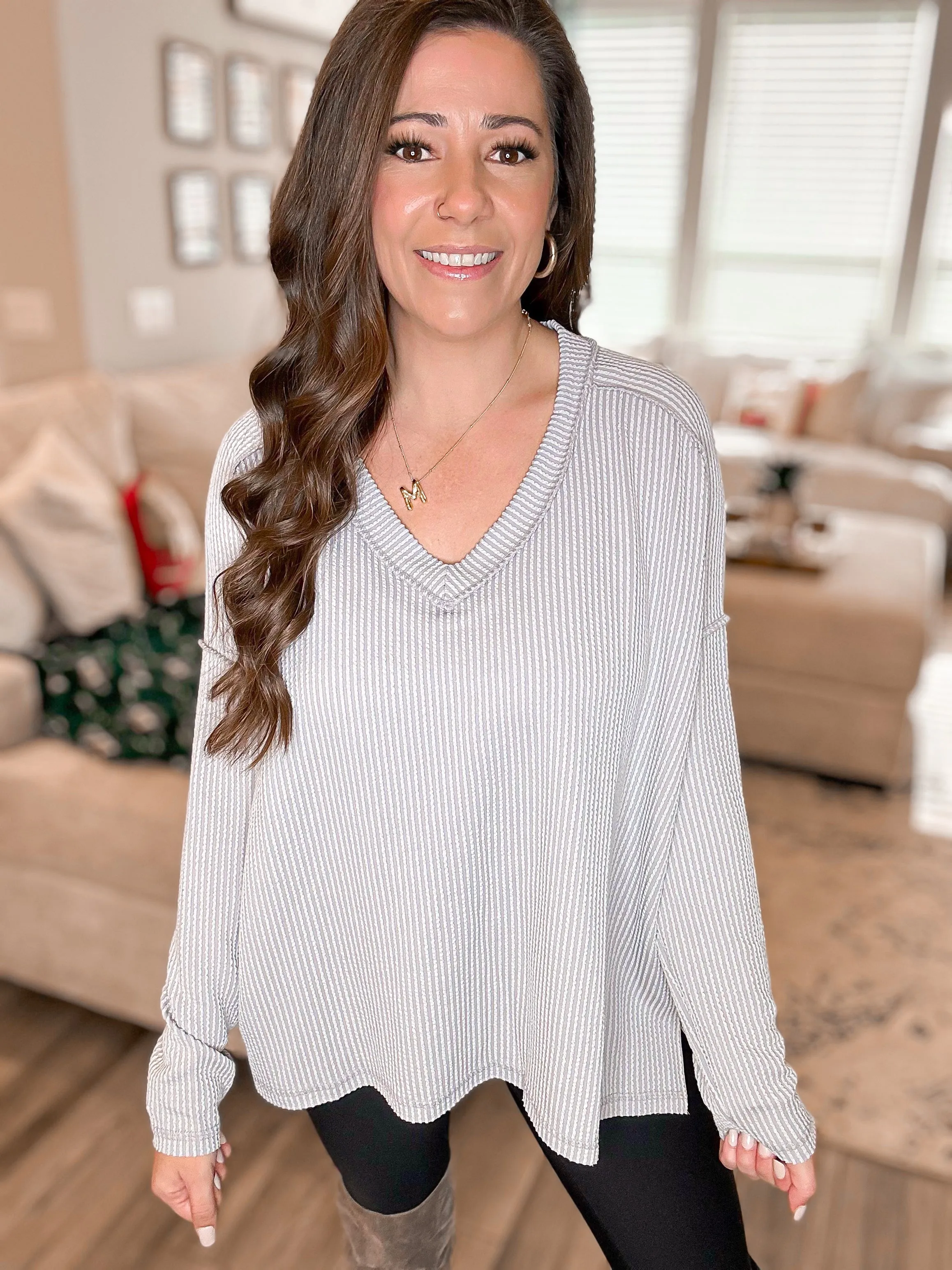 Cloudy Day Exposed Seam Waffle Knit Top