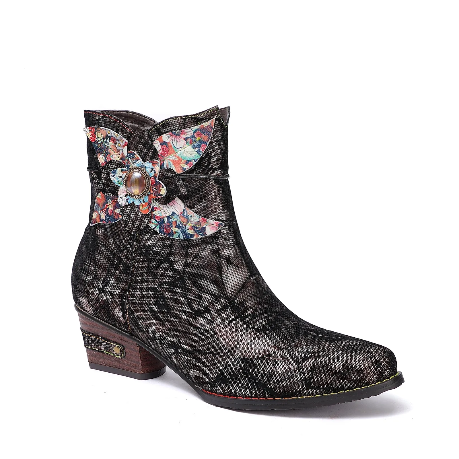 CrazycatZ Womens Ankle Boots Bohemian Block Heel Leather  Ankle Bootie Black