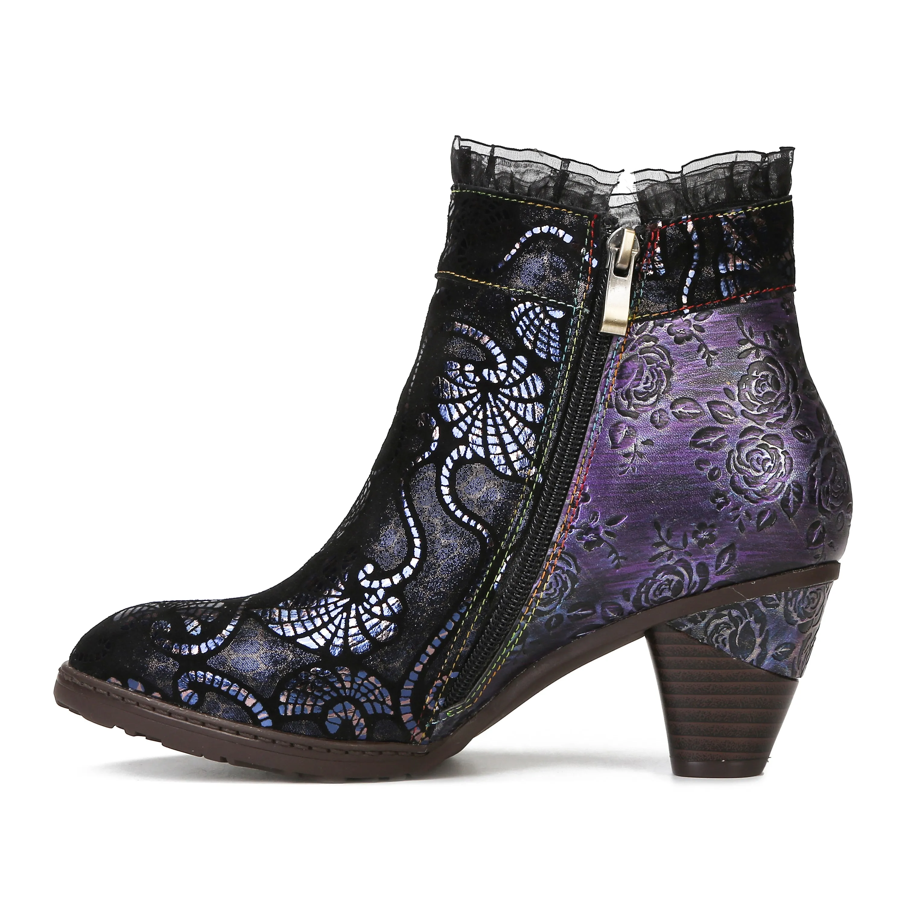 CrazycatZ Womens  Leather Boots  Block Heel Leather  Colorful Lace Trim Ankle Boots
