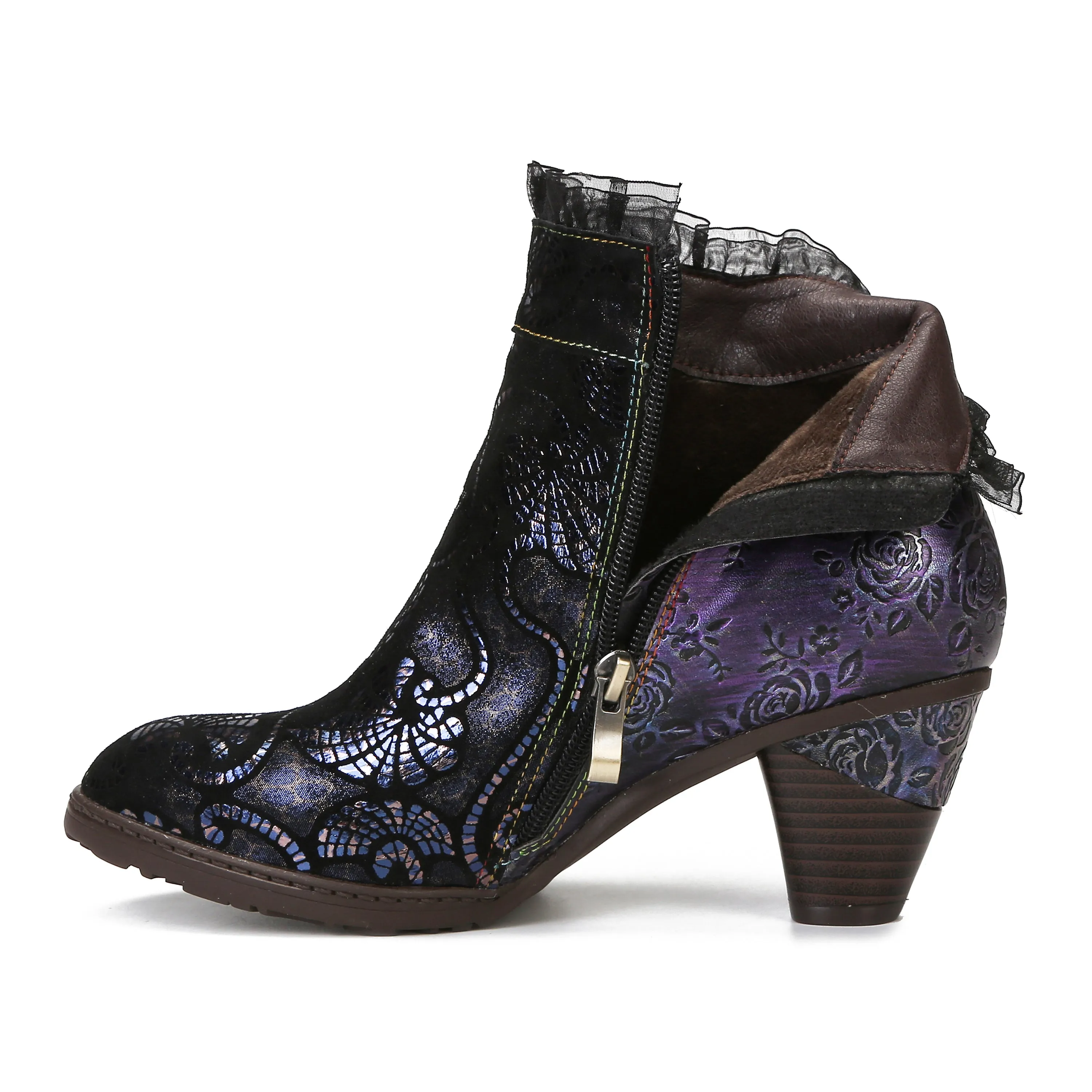 CrazycatZ Womens  Leather Boots  Block Heel Leather  Colorful Lace Trim Ankle Boots