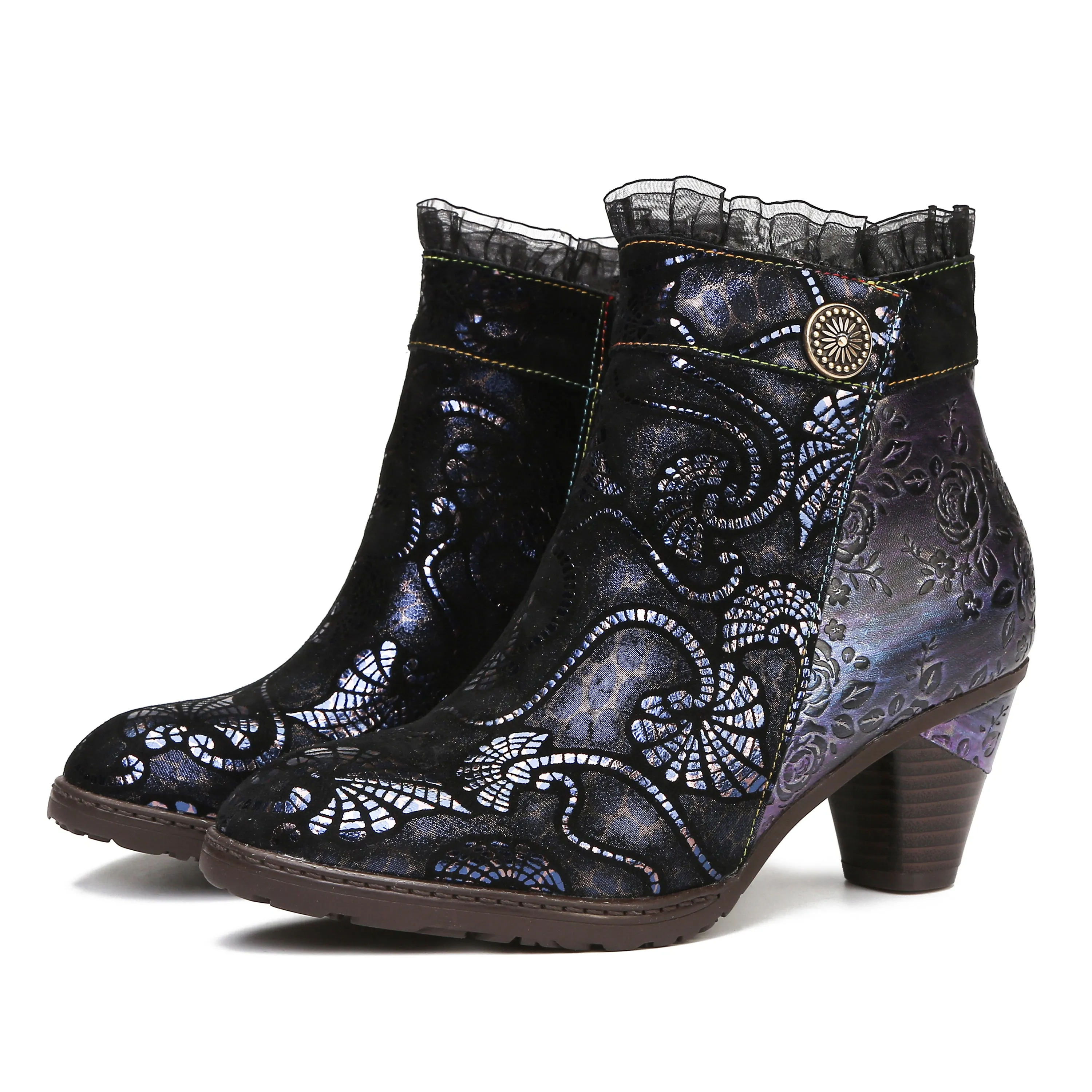 CrazycatZ Womens  Leather Boots  Block Heel Leather  Colorful Lace Trim Ankle Boots