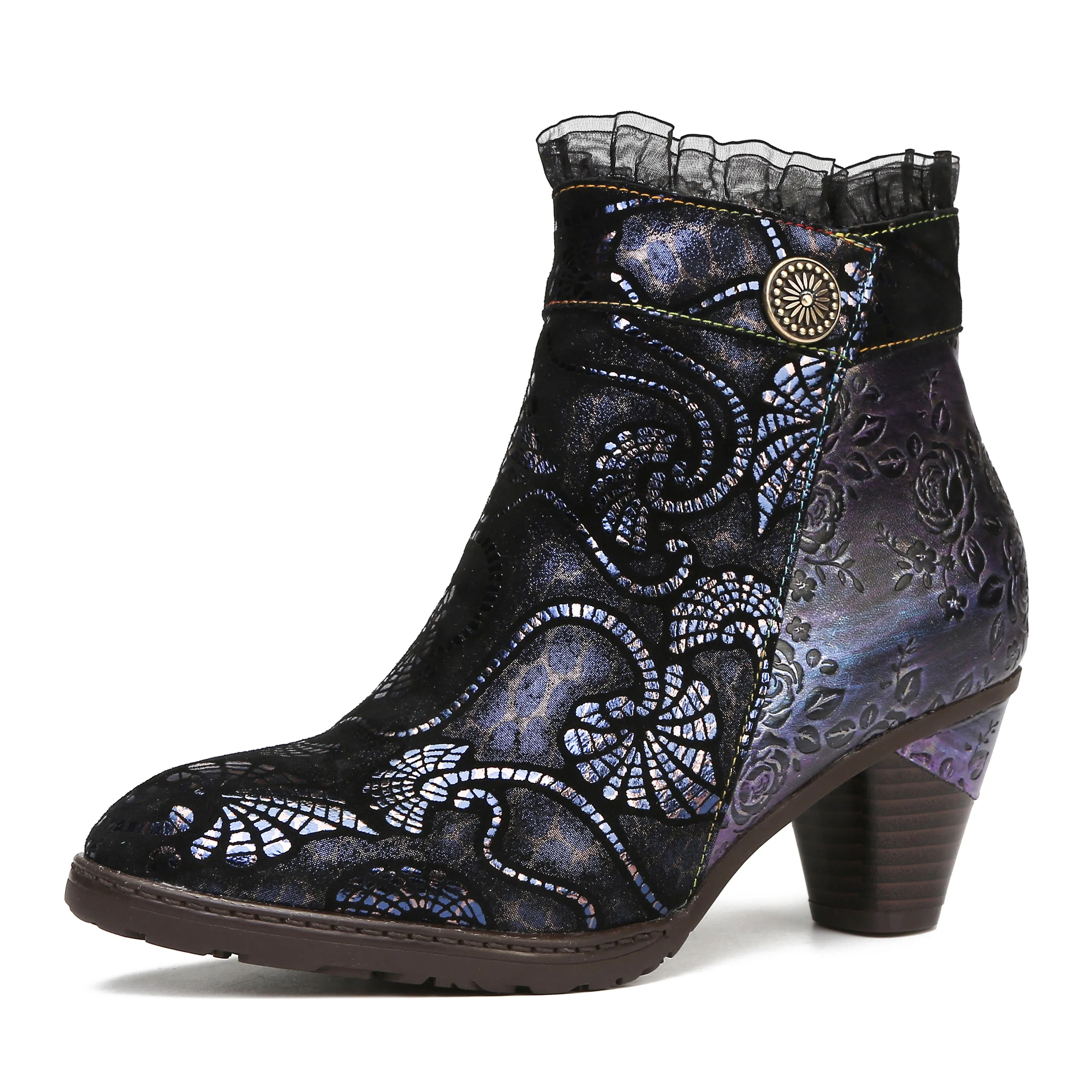 CrazycatZ Womens  Leather Boots  Block Heel Leather  Colorful Lace Trim Ankle Boots