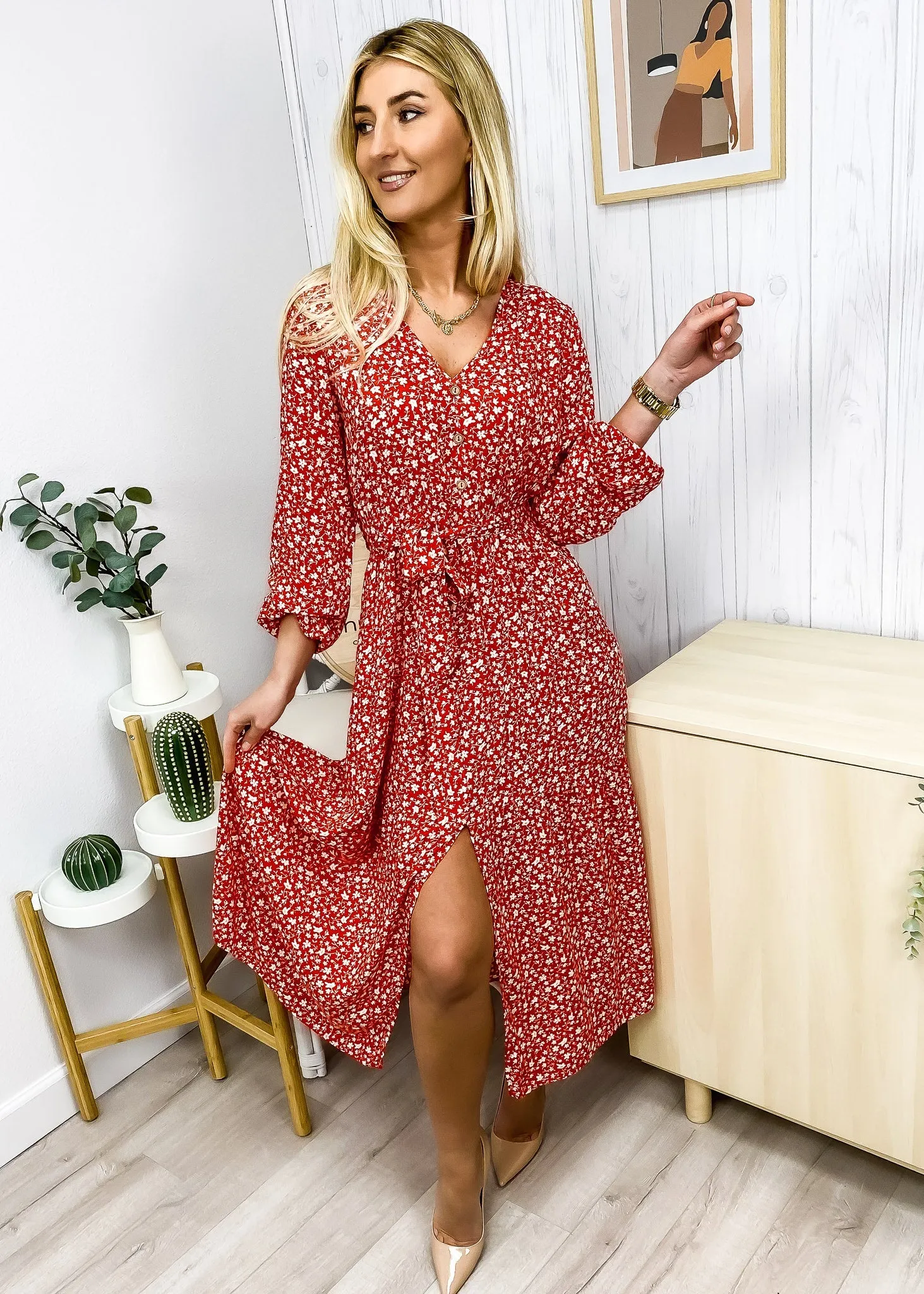 Ditsy Floral Front Slit Dress