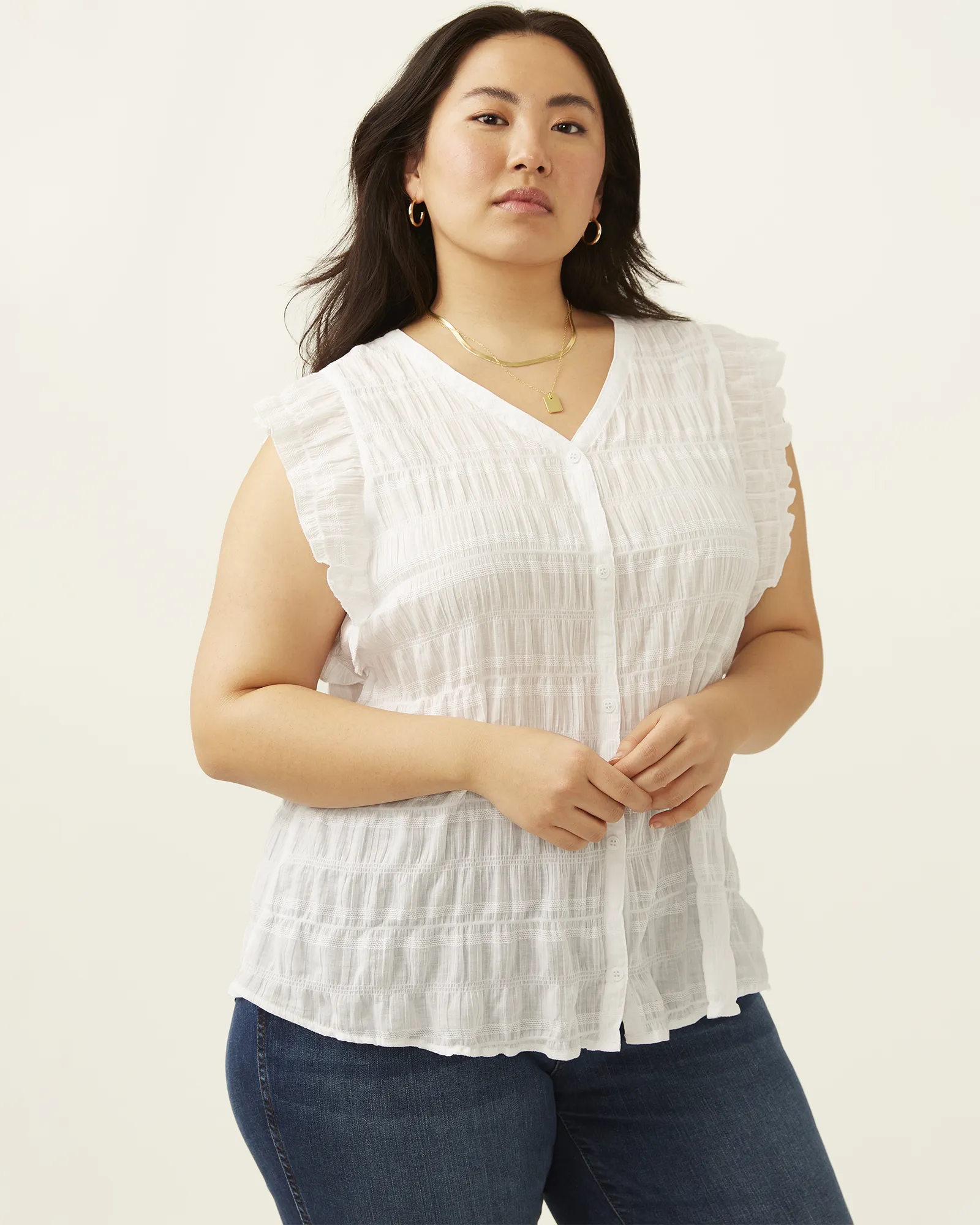 Elia Button Up Frilly Top | White