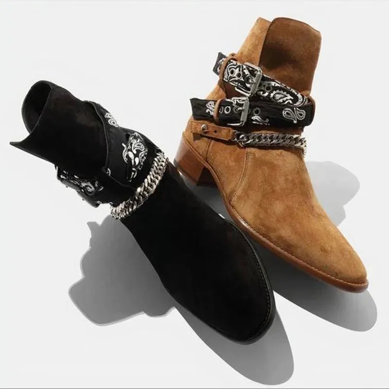 Flock Chain Buckle Strap Ankle Boots