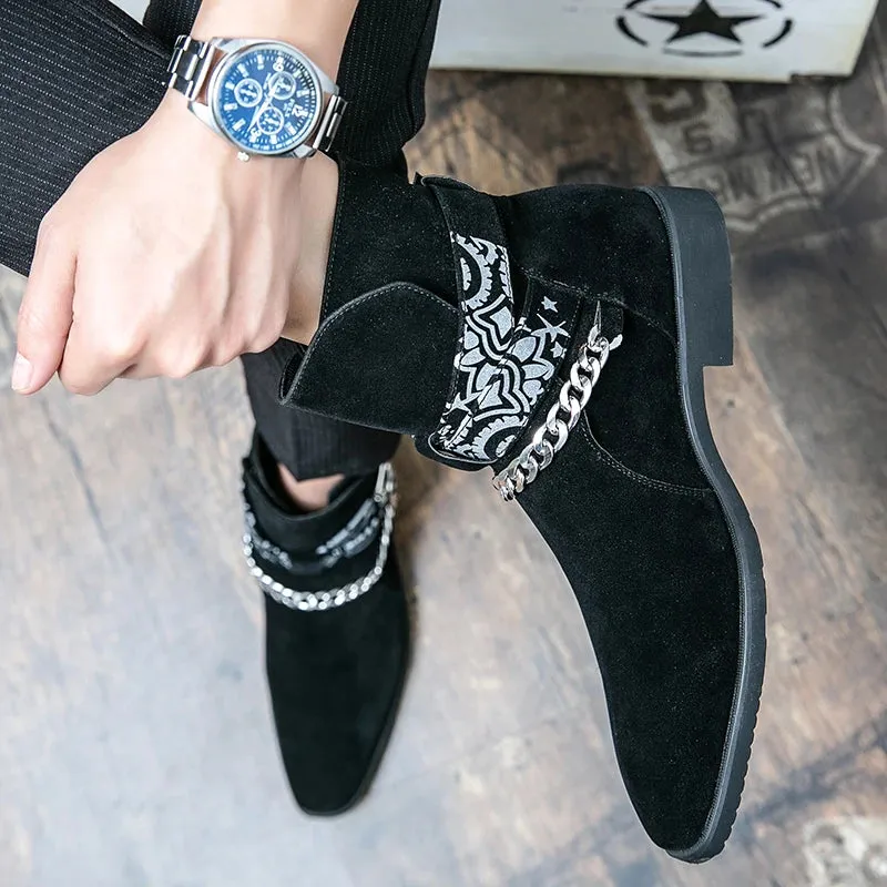 Flock Chain Buckle Strap Ankle Boots