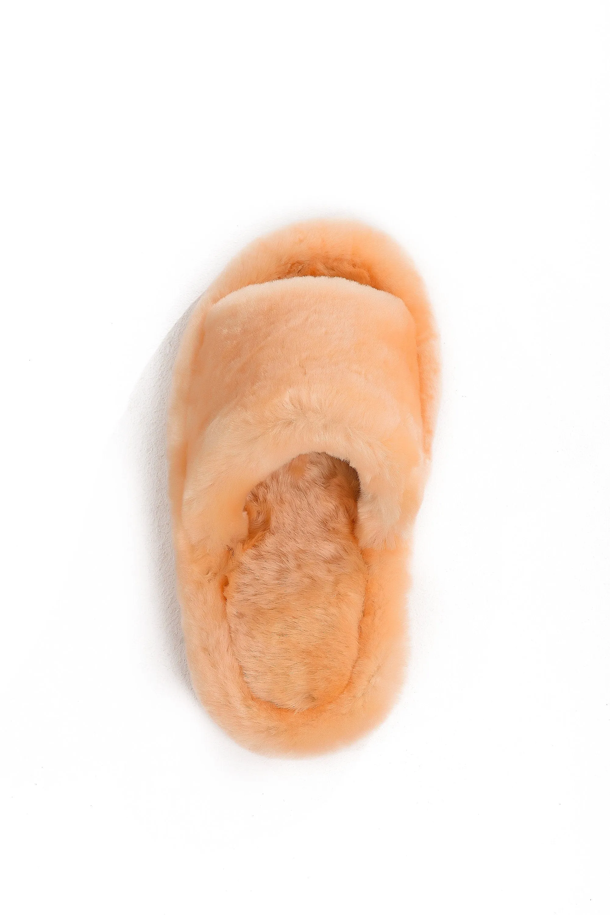 Fluffy Open Toe Sheepskin Mule Slippers for Women in Peach Color