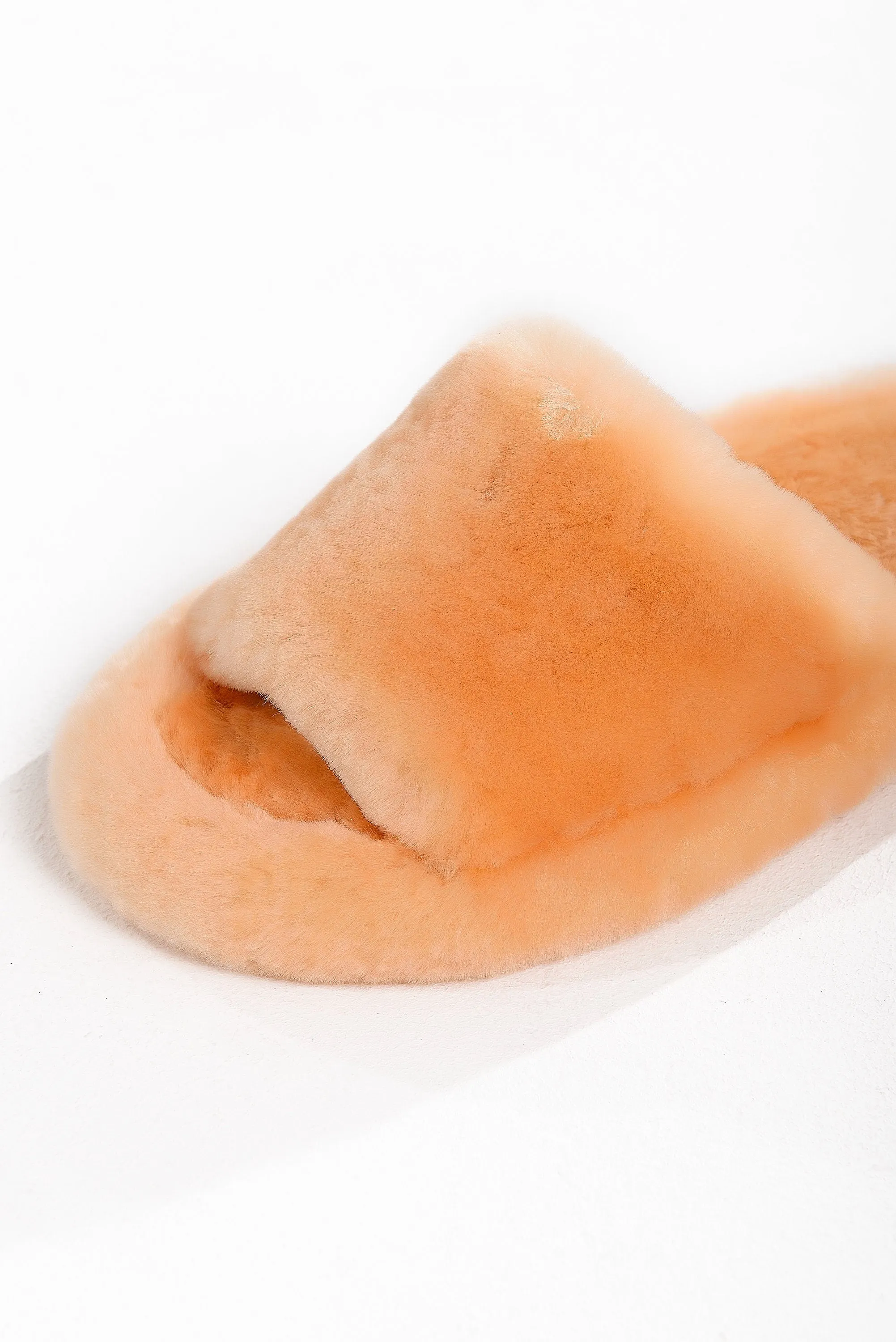 Fluffy Open Toe Sheepskin Mule Slippers for Women in Peach Color