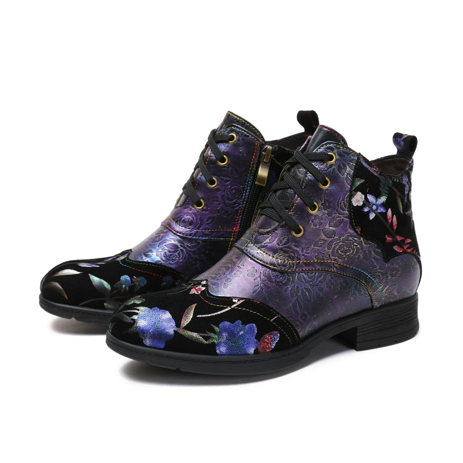 Genuine Leather Embossed Comfy Ankle Boots