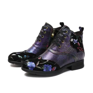 Genuine Leather Embossed Comfy Ankle Boots