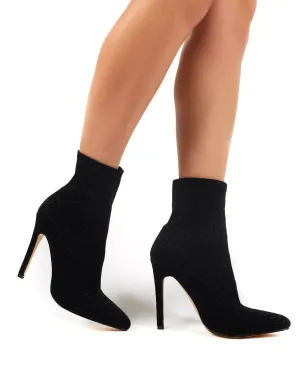 Glitz Black Glitter Sock Ankle Boot Heels
