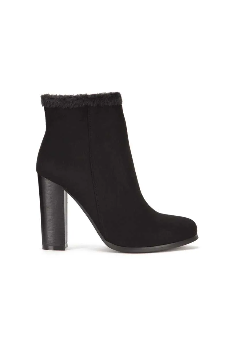Kenley - Black Fur Trim Faux Suede Ankle Boots