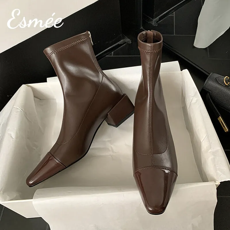 Leather Ankle Boots with Almond Toe and Block Heels