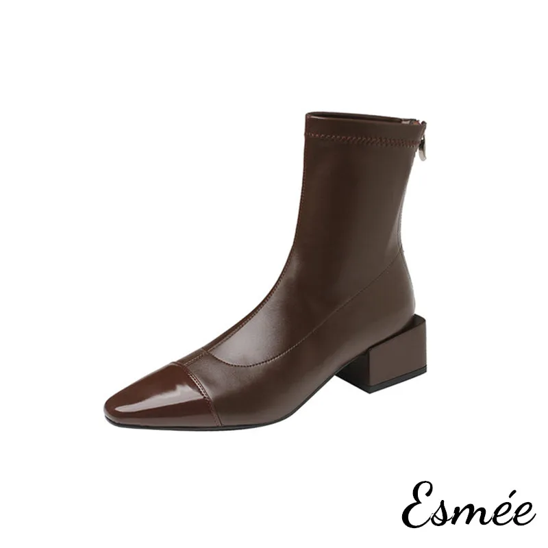Leather Ankle Boots with Almond Toe and Block Heels