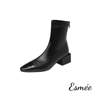 Leather Ankle Boots with Almond Toe and Block Heels