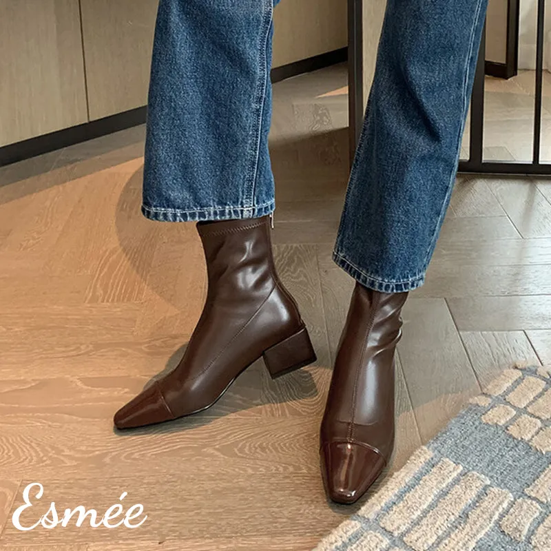 Leather Ankle Boots with Almond Toe and Block Heels