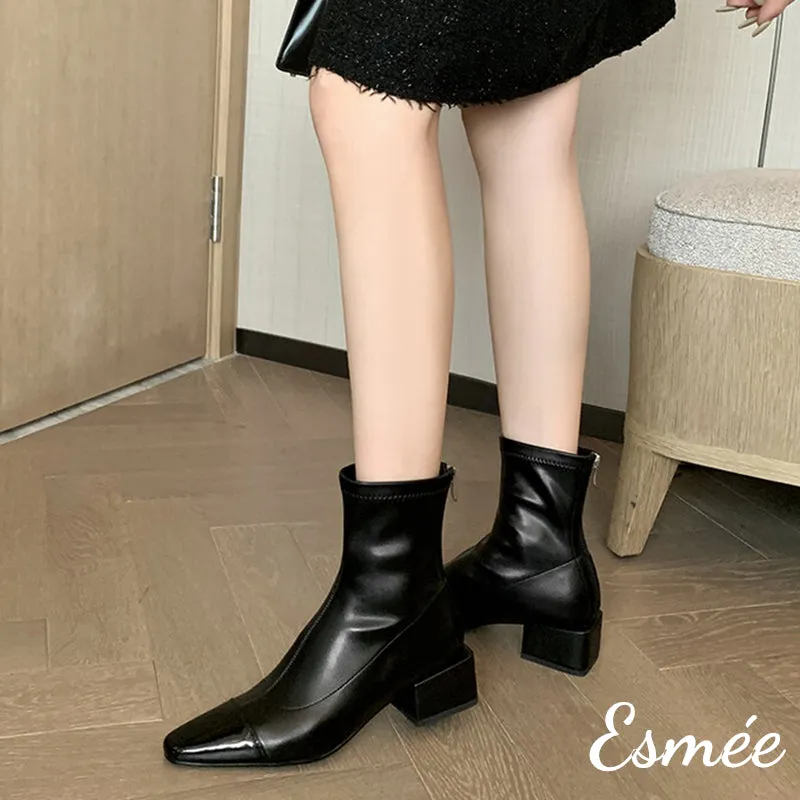 Leather Ankle Boots with Almond Toe and Block Heels