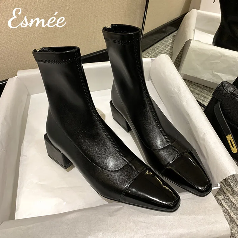Leather Ankle Boots with Almond Toe and Block Heels