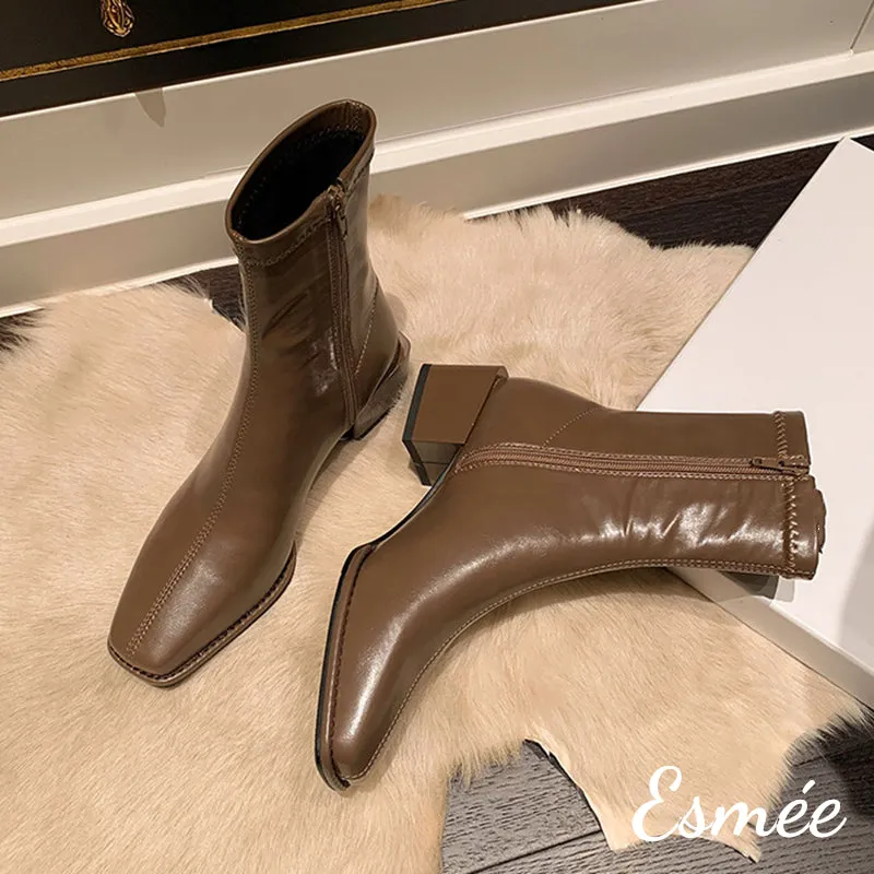 Leather Ankle Boots with Block Heels