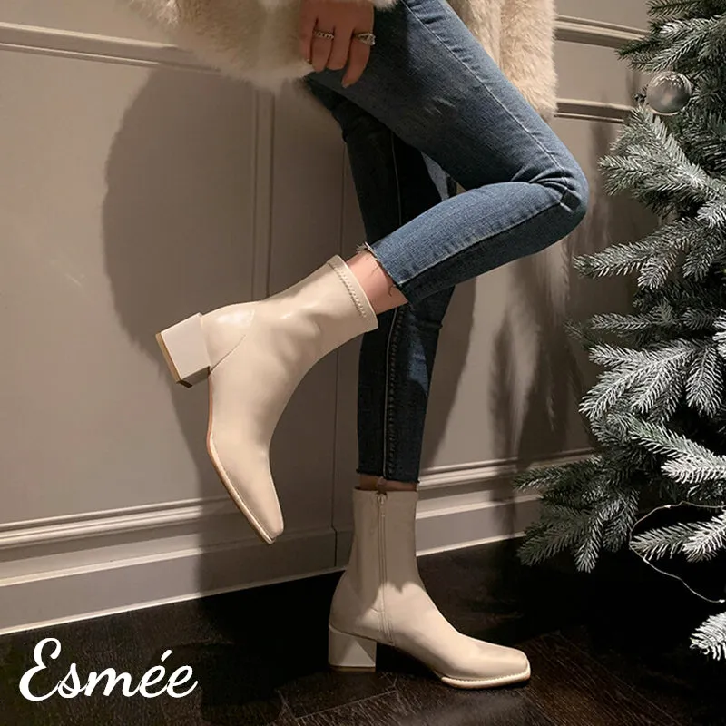 Leather Ankle Boots with Block Heels