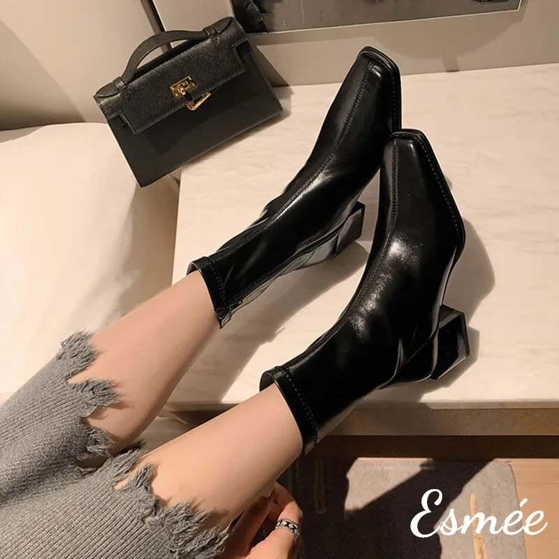 Leather Ankle Boots with Block Heels
