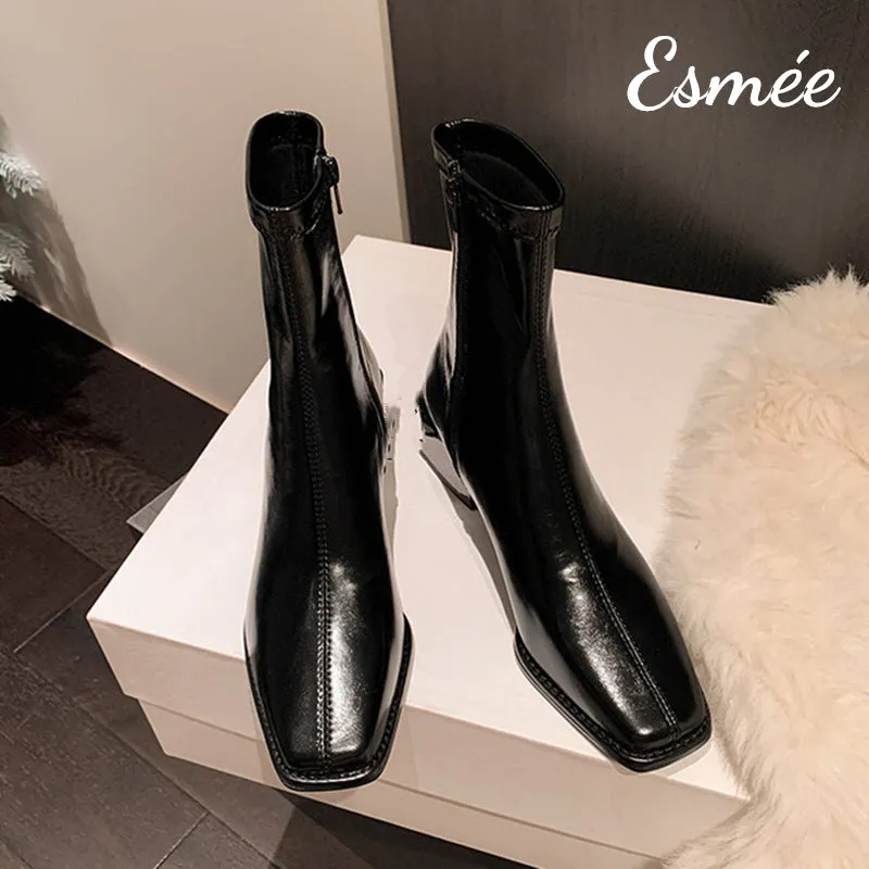 Leather Ankle Boots with Block Heels